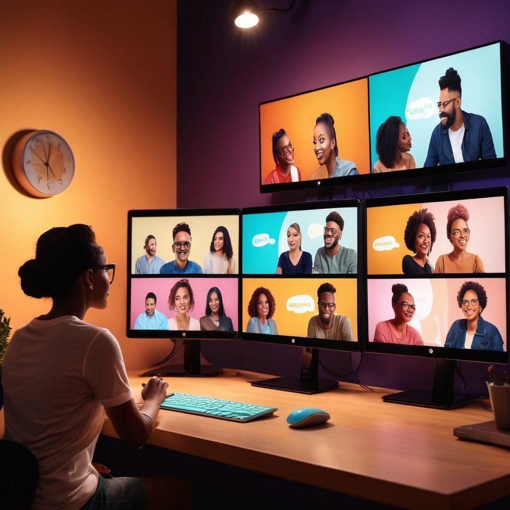 A modern, stylish webcam set-up with a soft-focus background featuring silhouettes of diverse adults engaged in live streaming interactions. The scene is illuminated with warm, inviting lighting, showcasing a mix of technology and intimacy. Include elements that symbolize digital connection, like chat bubbles and social media icons. The overall mood is vibrant and engaging, capturing the essence of adult live shows. super-realistic. vibrant colors. digital art.