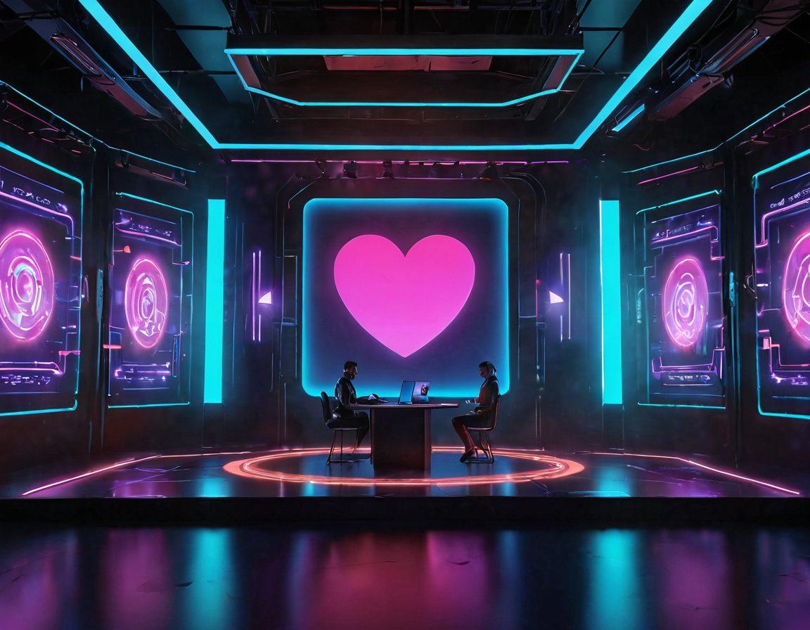 A sophisticated virtual stage setting with a high-tech backdrop featuring glowing screens and chat windows. Showcase couples interacting through video calls, portrayed as vibrant holographic avatars exchanging lively messages. Include elements like heart icons and communication symbols floating around, accentuating the theme of connections. The atmosphere should convey excitement and engagement, with warm and inviting lighting. cyberpunk style. vibrant colors. 3D.